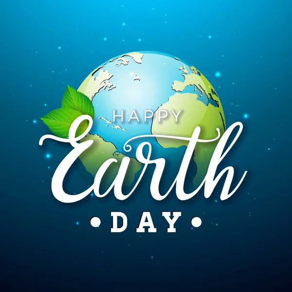Illustration du Jour de la Terre avec Planète et Feuille Verte sur fond bleu. 22 avril Environment World Map Concept. Vecteur Save the Planet Design pour bannière, affiche ou carte de vœux. — Image vectorielle