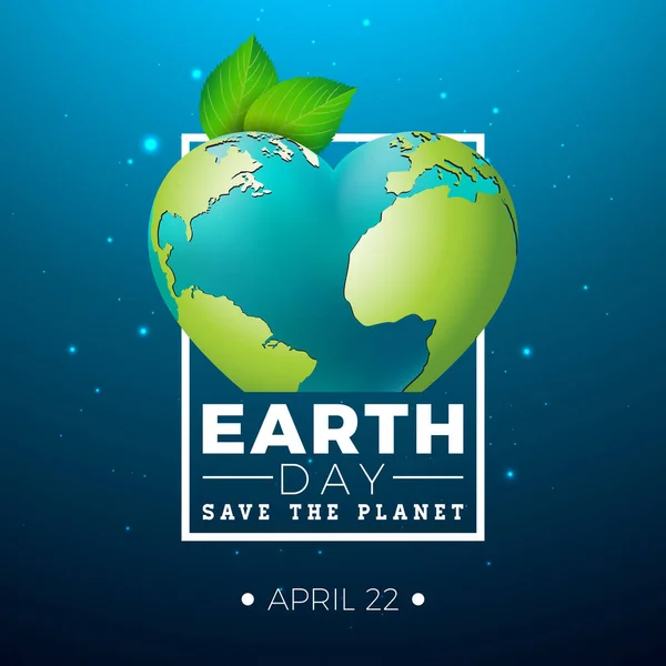 Illustration du Jour de la Terre avec Planète en forme de coeur et Feuille verte sur fond bleu. 22 avril Environment World Map Concept. Vecteur Save the Planet Design pour bannière, affiche ou carte de vœux. — Image vectorielle