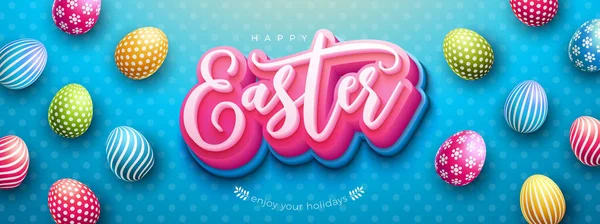 Feliz Pascua Ilustración con colorido huevo pintado y tipografía 3d Letras sobre fondo azul. Diseño de vacaciones del día de Pascua del vector para el folleto, la tarjeta de felicitación, la bandera del Web, el cartel o la invitación del partido. — Vector de stock