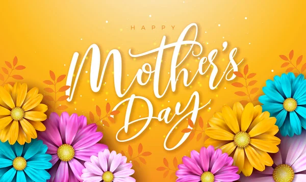 Happy Mothers Day Illustration with Spring Flower and Typography Letter on Yellow Background. Vector Celebration Design Template for Greeting Card, Banner, Flyer, Invitation, Brochure, Poster. — Stock Vector