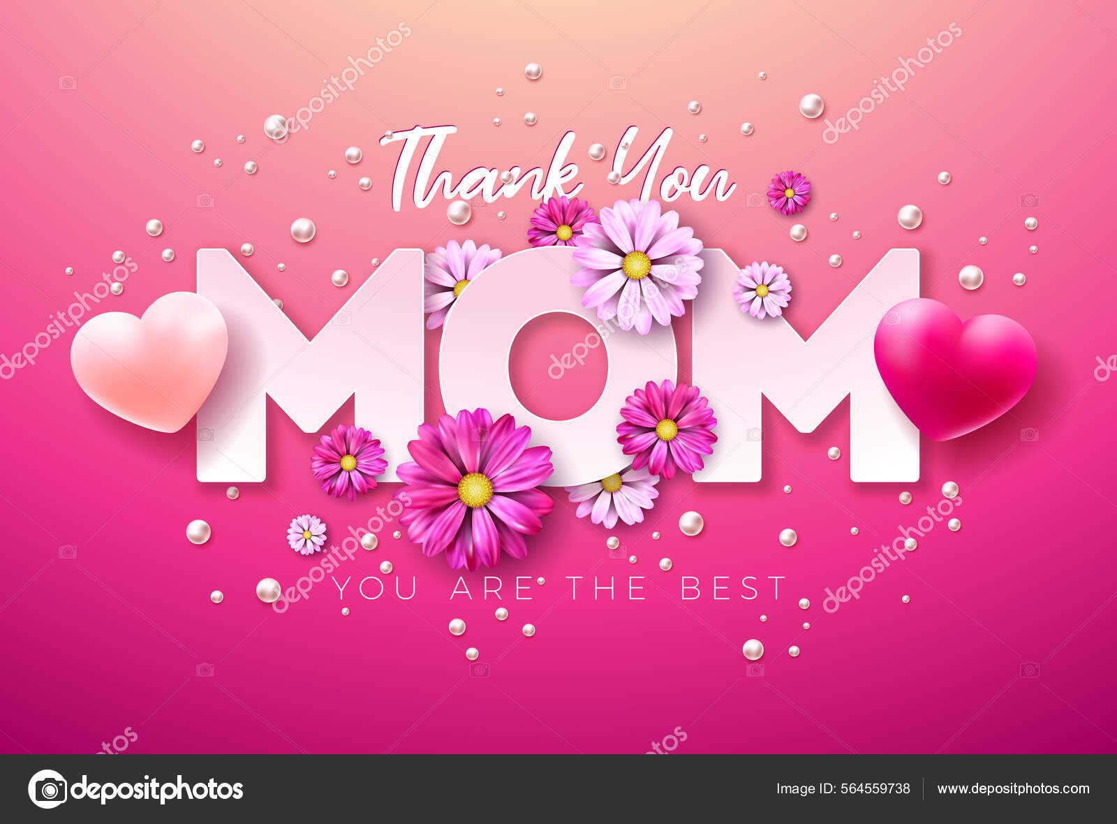 Happy Mothers Day Illustration with Spring Flower, Heart and Thank