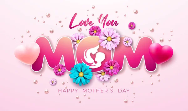 Happy Mothers Day Illustrasjon med Loving Mother with Her Baby, Spring Flower, Heart and Love You Mom Lettering on Pink Background. Vektordesign for gratulasjonskort, banner, flyer, brosjyre, post. – stockvektor