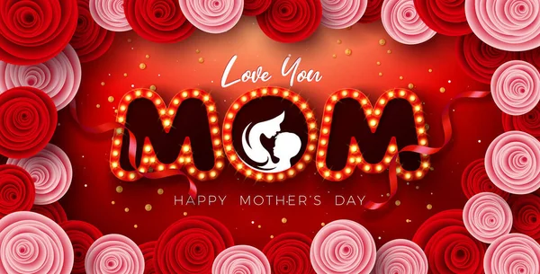 Happy Mothers Day Grußkarte Design mit Rose Flower und Love You Mom Glühbirne Werbetafel auf rotem Hintergrund. Vektor Muttertag Illustrationsvorlage für Banner, Flyer, Einladung — Stockvektor