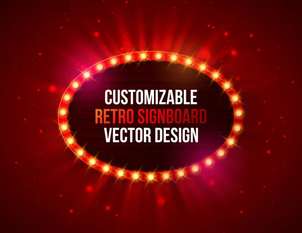 Vector Retro Billboard oder Lightbox Illustration mit individuellem Design auf leuchtend rotem Hintergrund. Glühbirnenrahmen oder helle Vintage-Schilder für Show, Nachtveranstaltungen, Kino- oder Theaterwerbung — Stockvektor