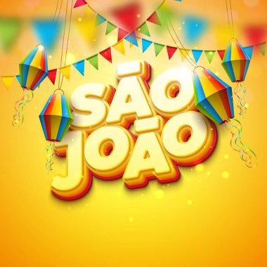 Parti Bayrakları ve Sarı Fenerli Festa Junina Illustration. Vector Brazil June Sao Joao Festival Tasarımı 3d Kutlama Kartı, Bayrak, Davetiye veya Tatil Posteri İçin Mektuplandırma