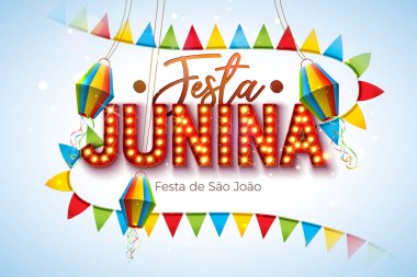 Festa Junina Illustration with Paper Lantern, Party Flags and Ampul Billboard Letter on Clean background. Brezilya Vektörü Sao Joao Haziran Festivali Kutlama Kart, Bayrak veya Tatil Posteri Tasarımı.