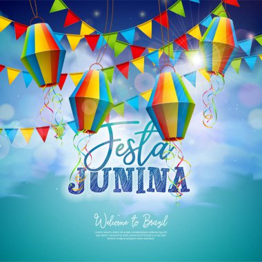Festa Junina Illustration with Party Flags and Paper Lantern on Blue Cloudy Sky Background. Vector Brazil June Sao Joao Festival Design for Banner, Greeting Card, Invitation or Holiday Poster.