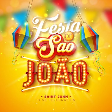 Festa Junina Illustration with Paper Lantern and 3d Sao Joao Lettering and Ampul Billboard on Yellow Background. Vektör Brezilya Haziran Festivali Tebrik Kartı, Bayrak veya Tatil Posteri Tasarımı.
