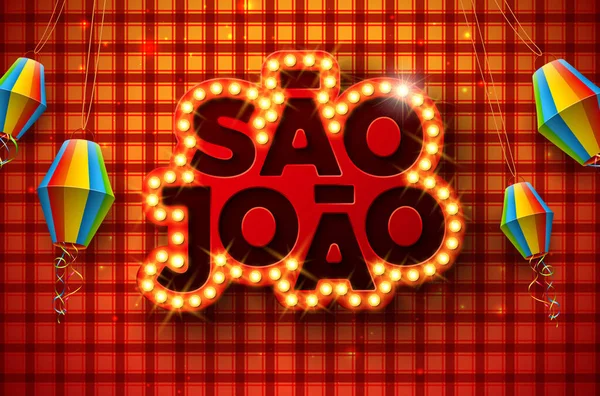 Festa Junina Illustration with Light Bulb Billboard Letteing and Paper Lantern on Red Checkered Background. Vector Brazil June Sao Joao Festival Design for Greeting Card, Banner or Holiday Poster. — Stockový vektor