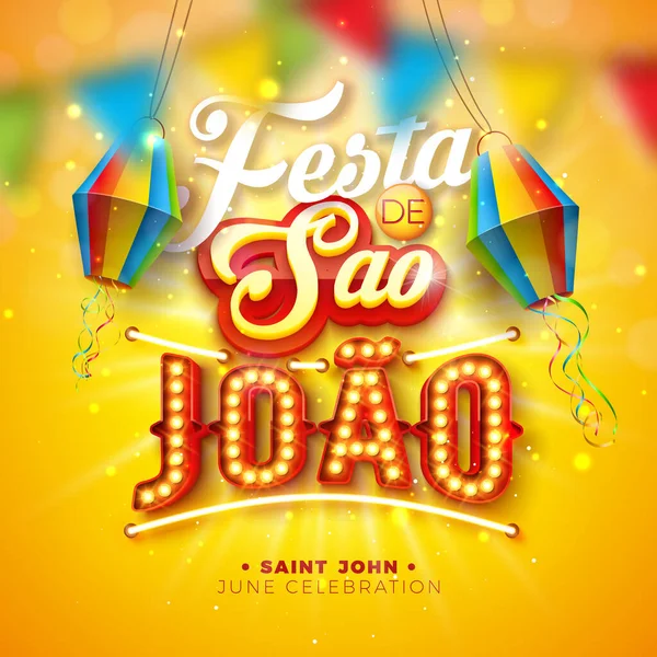 Festa Junina Illustration with Paper Lantern and 3d Sao Joao Lettering and Ampul Billboard on Yellow Background. Vektör Brezilya Haziran Festivali Tebrik Kartı, Bayrak veya Tatil Posteri Tasarımı.