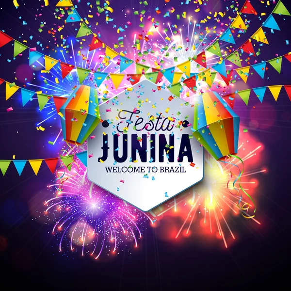 Festa Junina Party Flyer Illustration with Paper Lantern and Party Flags on Glowing Fireworks Background. Vector Brazil June Sao Joao Festival Design for Banner, Invitation or Celebration Poster. —  Vetores de Stock