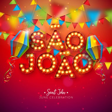Parti Bayraklarıyla Festa Junina Illustration, Paper Lantern ve Ampul Billboard Sao Joao Lettering Kırmızı Arkaplanda. Vektör Brezilya Haziran Festivali Tebrik Kartı, Bayrak veya Tatil Posteri Tasarımı.