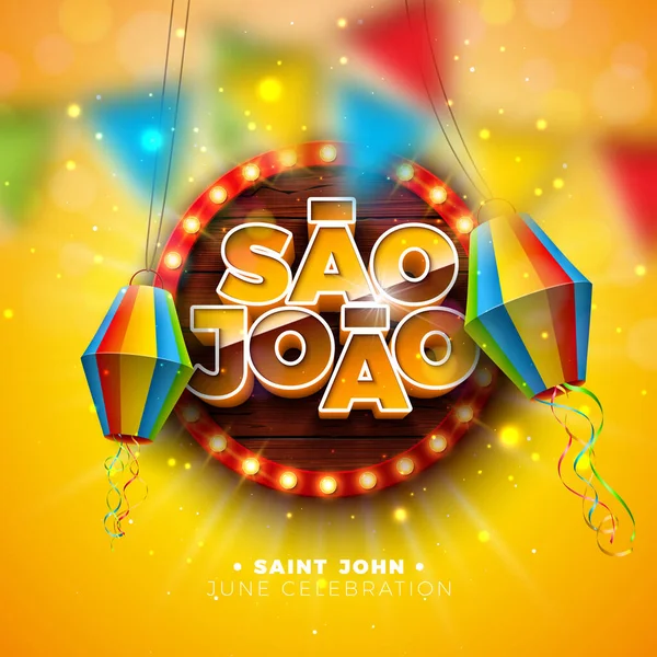 Parti Bayraklarıyla Festa Junina Illustration, Paper Lantern ve 3d Sao Joao Lettering Ampul Billboardunda Ahşap Arkaplanlı. Vektör Brezilya Haziran Festivali Kutlama Kartı, Bayrak Tasarımı