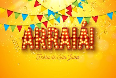 Parti Bayrakları, Konfeti ve Sarı Arkaplanda Ampul Billboard Mektubu ile Festa Junina Illustration. Brezilya Vektörü Sao Joao Haziran Festivali Kutlama Kart, Bayrak veya Tatil Posteri Tasarımı.