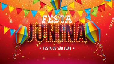 Festa Junina Illustration with Paper Lantern, Party Flags and Ampul Billboard Lettering on Red background. Brezilya Vektörü Sao Joao Haziran Festivali Kutlama Kart, Bayrak veya Tatil Posteri Tasarımı.