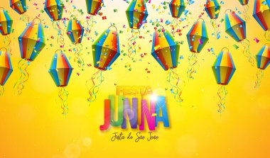 Festa Junina Illustration with Paper Lantern and Falling Confetti on Yellow Background. Vektör Brezilya Haziran Aziz John Festivali Kutlama Kartı, Bayrak, Davetiye veya Tatil Posteri Tasarımı.