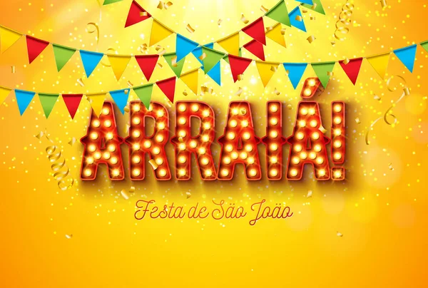 Festa Junina Illustration with Party Flags, Confetti and Light Bulb Billboard Letter on Yellow Background. Vector Brazil Sao Joao June Festival Design for Greeting Card, Banner or Holiday Poster. — Archivo Imágenes Vectoriales