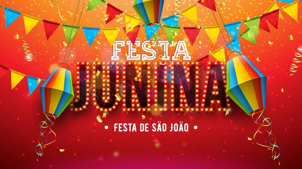 Ilustración de Festa Junina con linterna de papel, banderas de fiesta y letras de cartelera de bombilla sobre fondo rojo. Vector Brasil Sao Joao June Festival Diseño para tarjeta de felicitación, pancarta o cartel de vacaciones. — Archivo Imágenes Vectoriales