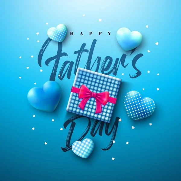 Happy Fathers Day Greeting Card Design with Heart and Gift Box and Typography Lettering on Blue Background. Vector Celebration Illustration for Dad. Template for Banner, Flyer or Poster. — Vetor de Stock