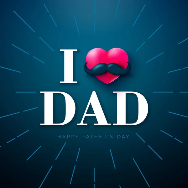 Happy Fathers Day Greeting Card Design with Red Heart and Mustache on Blue Background. Vector I Love Dad Typography Celebration Illustration for Fathers. Template for Banner, Flyer or Poster. — Stock vektor