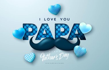 Mutlu Babalar Günü Kutlama Kartı Tasarımı Işık Arkaplanda Kalp ve Bıyıklı. Vector Celebration Illustration with I Love You Papa Checkered Lettering. Banner, Flyer veya Poster için şablon.