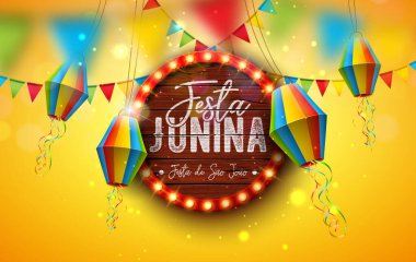 Parti Bayraklarıyla Festa Junina Illustration, Paper Lantern ve Ampul Billboard Letter ve Ahşap Arkaplan. Brezilya Vektörü Sao Joao Haziran Festivali Kutlama Kart, Bayrak veya Tatil Posteri Tasarımı.