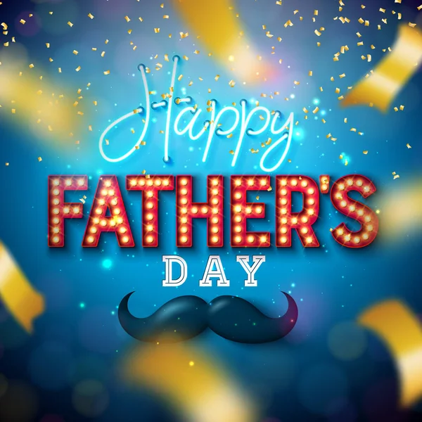 Happy Fathers Day Greeting Card Design with Gold Falling Confetti and Neon Light Bulb Billboard Lettering on Blue Background. Vektorová ilustrace pro tátu. Šablona pro nápis, oznámení nebo — Stockový vektor