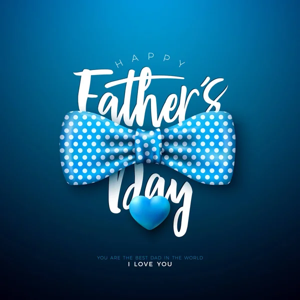 Happy Fathers Day Greeting Card Design with Dotted Bow Tie and Blue Heart on Dark Blue Background. Vector Fathers Day Celebration Illustration for Best Dad. Template for Banner, Flyer or Poster. — Stock vektor