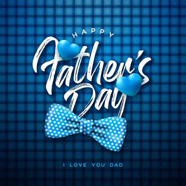 Happy Fathers Day Greeting Card Design with Dotted Bow Tie and Blue Heart on Checkered Background. Vector Fathers Day Celebration Illustration for Best Dad. Template for Banner, Flyer or Poster. — Stock vektor