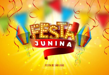Festa Junina Illustration with Light Ampul Billboard Lettering, Paper Lantern and Ribbon on on Sun Yellow Background. Vektör Brezilya Haziran Saint John Festivali Kutlama Kartı, Bayrak veya Bayram Tasarımı