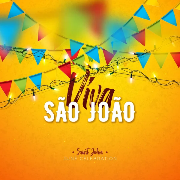 Festa Junina Illustration with Party Flags and Paper Lantern on Yellow Background. Vector Brazil June Sao Joao Festival Design with 3d Lettering for Greeting Card, Banner, Invitation or Holiday Poster — Archivo Imágenes Vectoriales