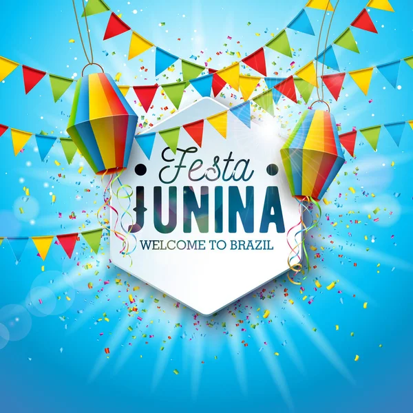 Festa Junina Illustration with Paper Lantern and Typography Lettering on Blue Cloudy Sky Background. Vektör Brezilya Haziran Sao Joao Bayrak, Kutlama Kartı, Davetiye veya Tatil Posteri Tasarımı