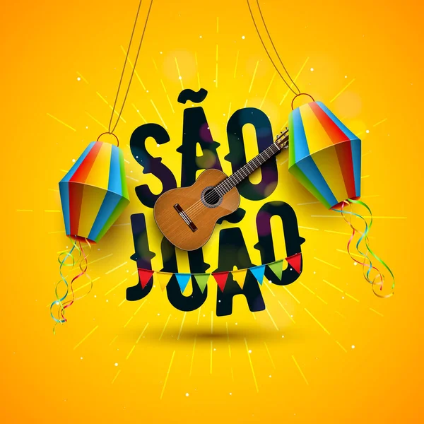 Festa Junina Ilustração com guitarra acústica, bandeiras de festa e lanterna de papel em fundo amarelo. Vector Brasil Junho Sao Joao Festival Design para cartão de felicitações, convite ou cartaz de férias. — Vetor de Stock