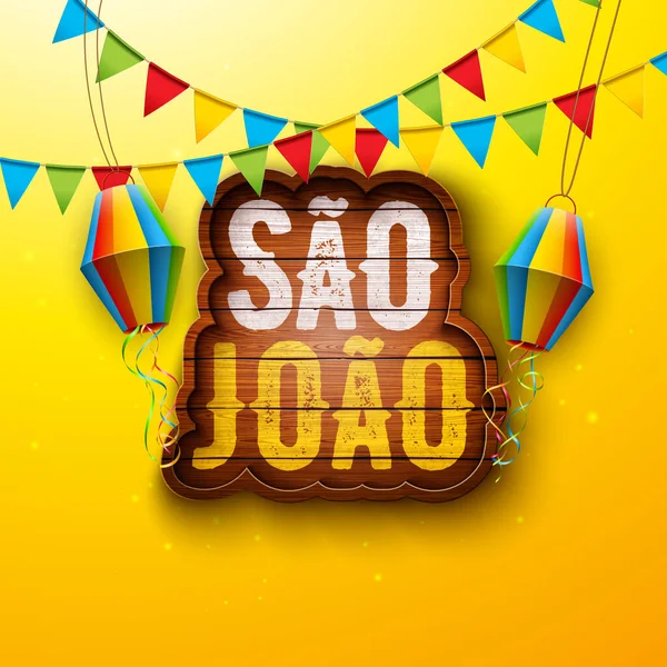 Festa Junina Illustration with Party Flags and Paper Lantern on Yellow Background. Vector Brazil June Sao Joao Festival Design with Typography Letter on Vintage Wood Board for Greeting Card — Stock Vector