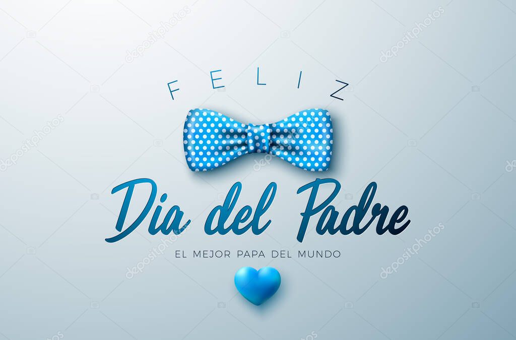 Happy Fathers Day Greeting Card Design with Dotted Blue Bow Tie and Heart on Light Background. Feliz Dia del Padre Spanish Language Vector Illustration for Dad. Template for Banner, Flyer or Poster.