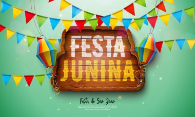 Parti Bayrakları ve Yeşil Fenerli Festa Junina Illustration. Vector Brazil June Sao Joao Festival Tasarımı Klasik Ahşap Kutlama Kartı ve Davetiye Tahtası Tasarımı