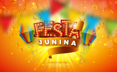 Festa Junina Illustration with Light Ampul Billboard Lettering, Paper Lantern and Ribbon on on Sun Yellow Background. Vektör Brezilya Haziran Saint John Festivali Kutlama Kartı, Bayrak veya Bayram Tasarımı