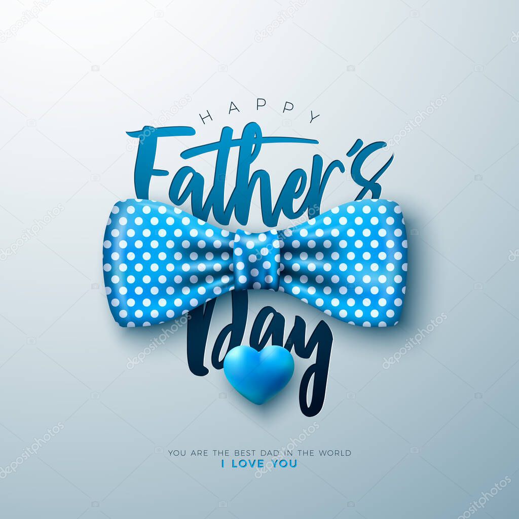 Happy Fathers Day Greeting Card Design with Dotted Bow Tie and Blue Heart on Light Background. Vector Fathers Day Celebration Illustration for Best Dad. Template for Banner, Flyer or Poster.
