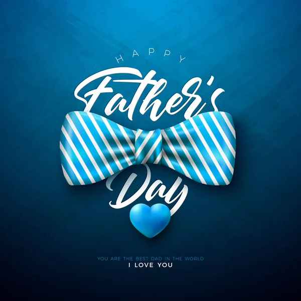 Happy Fathers Day Greeting Card Design with Striped Bow Tie and Blue Heart on Dark Blue Background. Vector Fathers Day Celebration Illustration for Best Dad. Template for Banner, Flyer or Poster. — Stock vektor