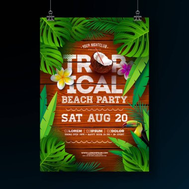 Vector Summer Tropical Beach Party Flyer Design with Flower and Palm Leaves on Vintage Wood Background. Yaz Tatili İllüstrasyonu Egzotik Bitkiler ve Pankart için Typography Letter, Flyer