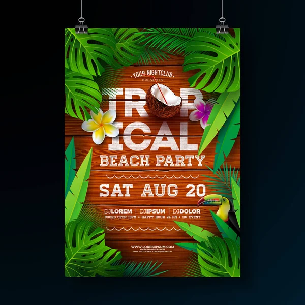 Vector Summer Tropical Beach Party Flyer Design con hojas de flores y palmeras sobre fondo de madera vintage. Ilustración de vacaciones de verano con plantas exóticas y tipografía Carta para pancarta, volante — Vector de stock