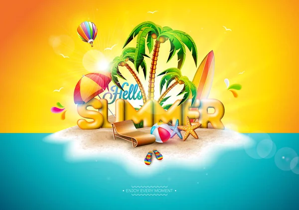 Vector Hello Summer Holiday Illustrazione con 3d Lettering su sfondo Ocean Landscape. Piante tropicali, Fiore, Palla da spiaggia, Palloncino, Tavola da surf e Ombrellone per Bandiera, Volantino, Invito — Vettoriale Stock