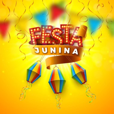 Festa Junina Illustration with Light Ampul Billboard Lettering, Paper Lantern and Ribbon on on Sun Yellow Background. Vektör Brezilya Haziran Sao Joao Festivali Kutlama Kart, Bayrak veya Tatil Tasarımı