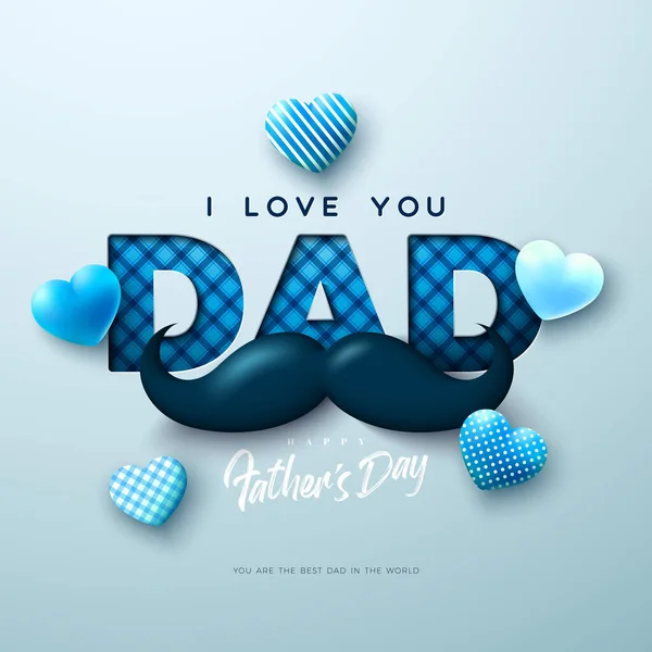 Happy Fathers Day Gratulationskort Design Med Hjärta Och Mustasch Ljus — Stock vektor