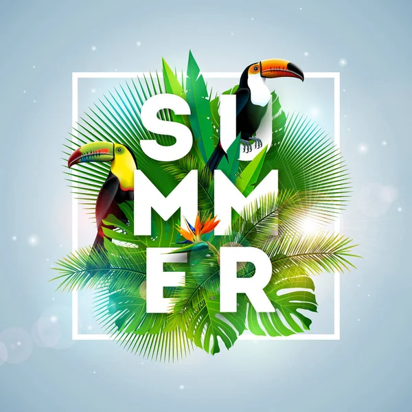 Toucan Bird Papağan Çiçekli Tropik Yaz Tatili Tasarımı Banner Flyer — Stok Vektör
