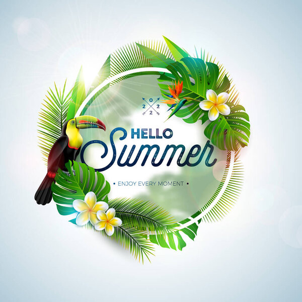 Tropical Summer Holiday Design with Toucan Bird and Parrot Flower on Light Background. Vector Typography Illustration on Blurred Glass with Exotic Palm Leaves and Phylodendron for Banner, Flyer