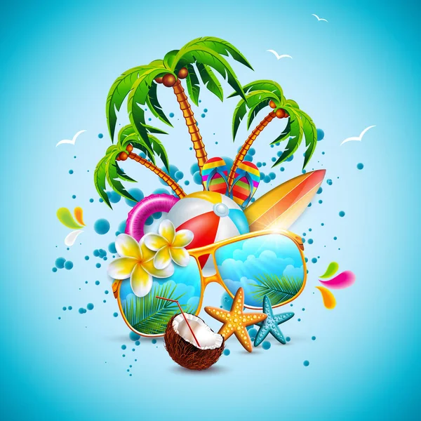 Vector Summer Time Holiday Illustration Fundo Azul Céu Plantas Tropicais — Vetor de Stock