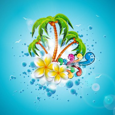 Vector Summer Time Holiday Illustration on Sky Blue Background. Tropikal Bitkiler, Çiçek, Tasarım Elementi ve Palmiye Ağacı ile Su Sıçratma. Banner, Flyer, Davetiye, Broşür, Poster veya