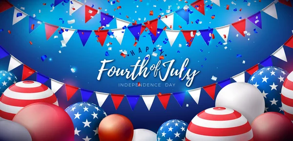 7月4日アメリカ ベクトル イラストとアメリカ国旗とパーティー バルーンの青の背景 バナー グリーティングカード 招待状 または7月4日の全国お祝いデザイン — ストックベクタ