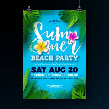 Mavi Arkaplanda Çiçekli ve Tropikal Palmiye Yapraklı Vector Summer Beach Party Flyer Design. Pankart, Flyer, Davetiye veya Poster için Egzotik Bitkilerle Yaz Tatil Resimleri